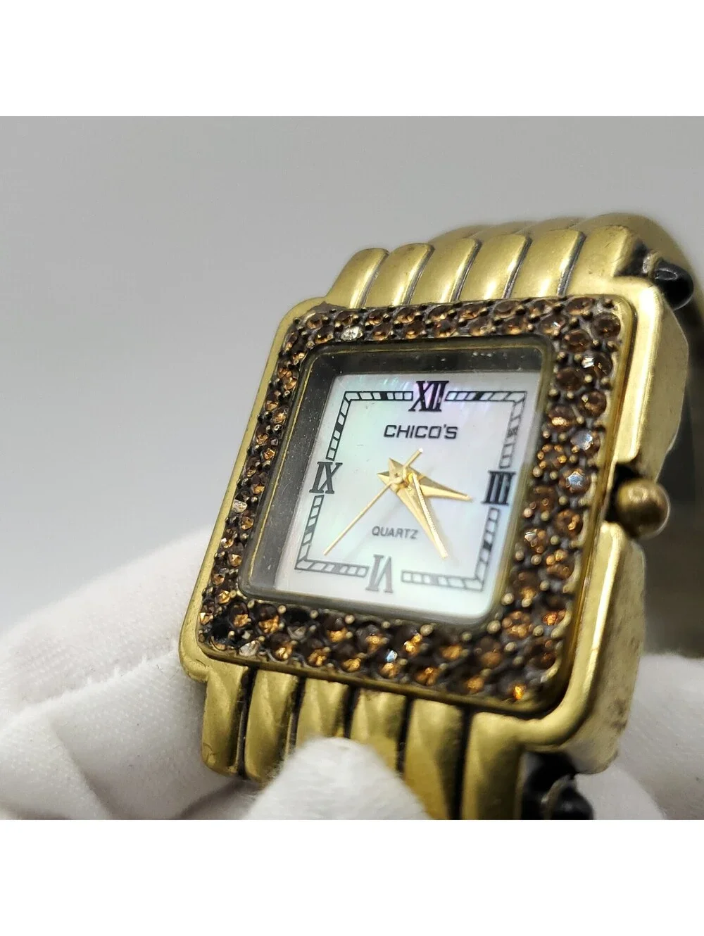 Chico's Cuff Band Gem Bezel Womens Watch 28mm MOP Dial New Battery